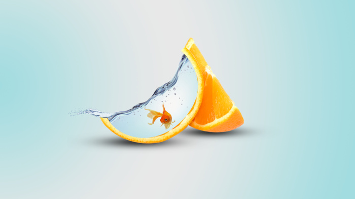 digital art, orange fruit, fish