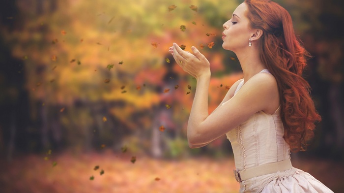 leaves, girl, side view, white dress, dress, girl outdoors, redhead, jewelry, fall, depth of field