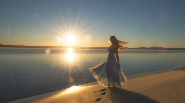 sea, blonde, sunset, sand, dress, girl