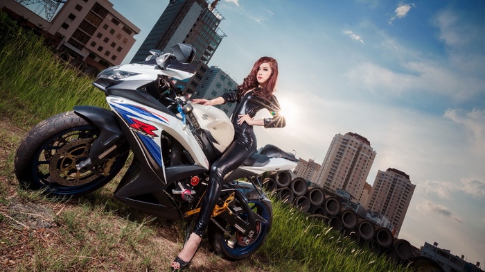 city, black dress, Asian, girl, Suzuki GSX, R, redhead