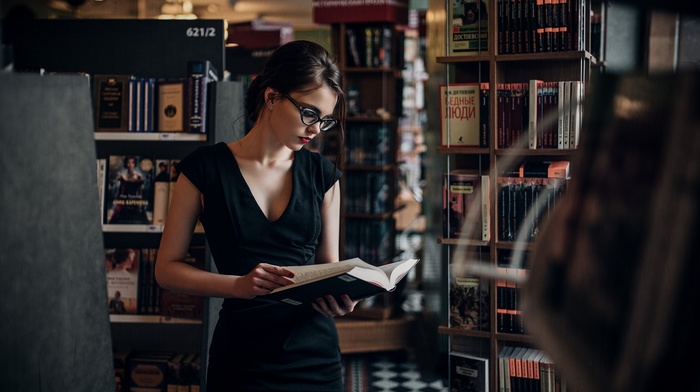 black dress, girl, library, dress, brunette, books, glasses, Maxim Guselnikov, red lipstick, girl with glasses, Oktyabrina Maximova