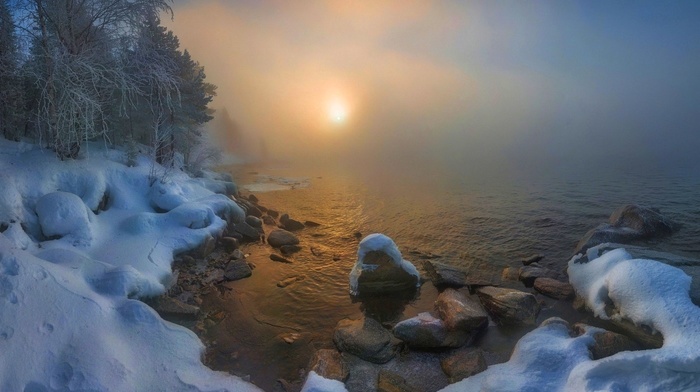 sunrise, nature, cold, mist, snow, trees, Russia, winter, landscape, lake, forest