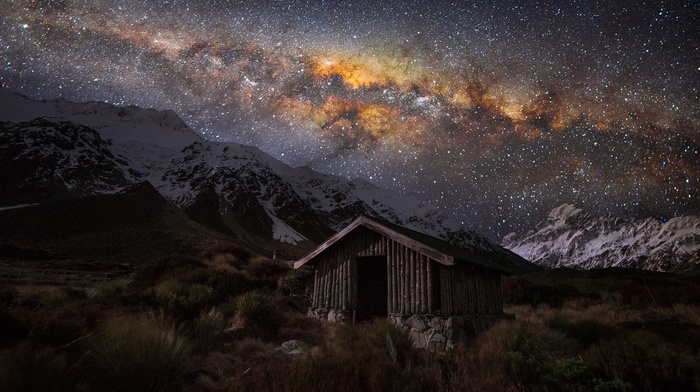 nature, grass, Milky Way, space, starry night, New Zealand, landscape, hut, snowy peak, mountain