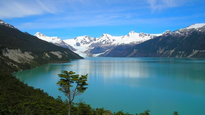 Andes, mountain, forest, turquoise, Chile, nature, snowy peak, water, trees, landscape, lake