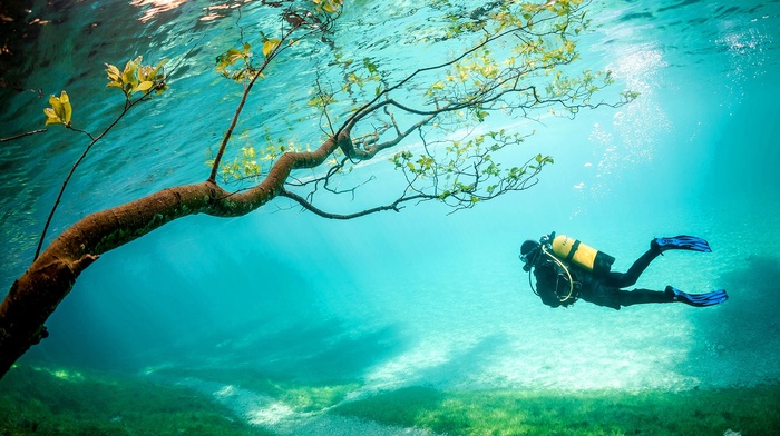 lake, Austria, underwater, divers, water, Grner See, trees
