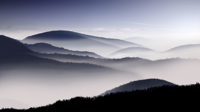 mist, landscape, silhouette, mountain