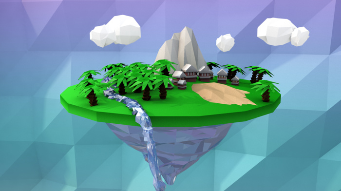 low poly, floating island, palm trees, simple, digital art