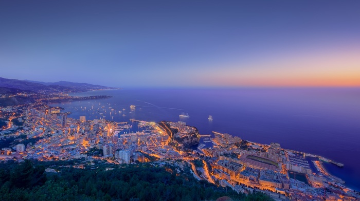 cityscape, Monaco, coast, sunset, sea, boat