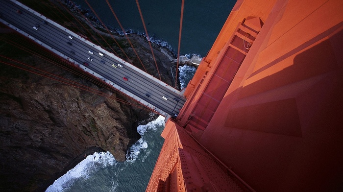 golden gate bridge, car, aerial view, bridge, rock