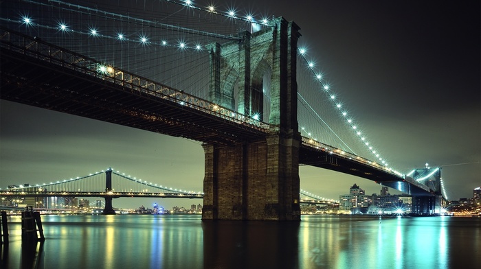 river, city, bridge, Brooklyn Bridge, reflection, lights, urban, New York City
