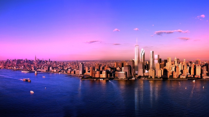 urban, coast, New York City, sunset, river, panoramas, Manhattan, city, cityscape