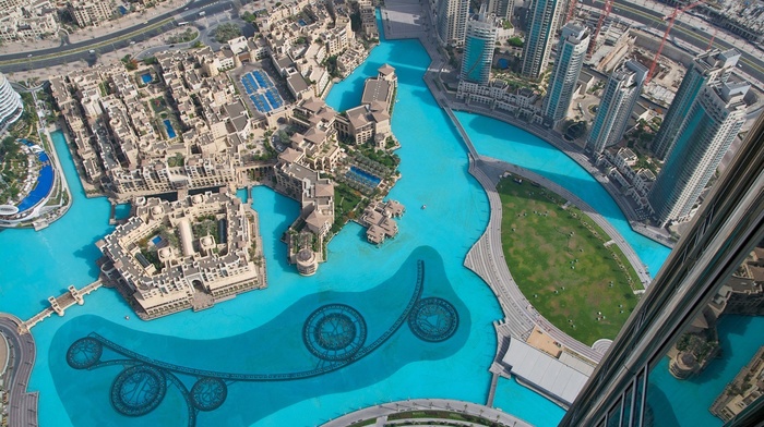 fountain, city, aerial view, cityscape, urban, Dubai