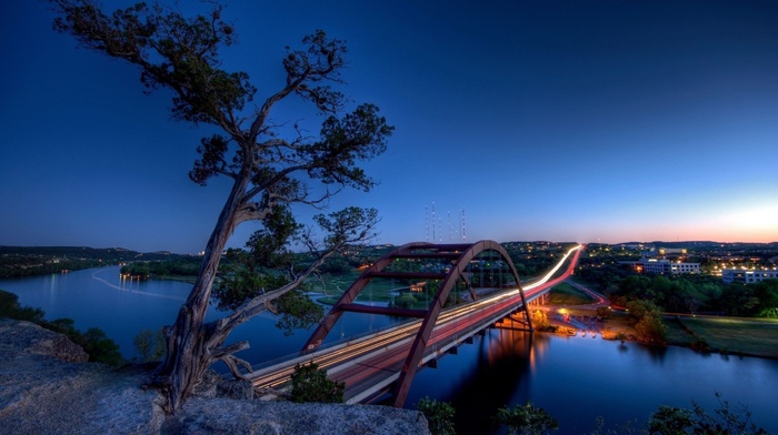 bridge, 360 Bridge, light trails, town, Austin Texas, city, urban