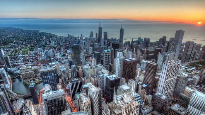urban, skyscraper, cityscape, sunrise, city, Chicago, aerial view