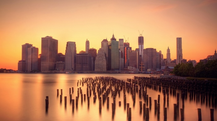 city, urban, New York City, pier, skyline, sunrise, Manhattan