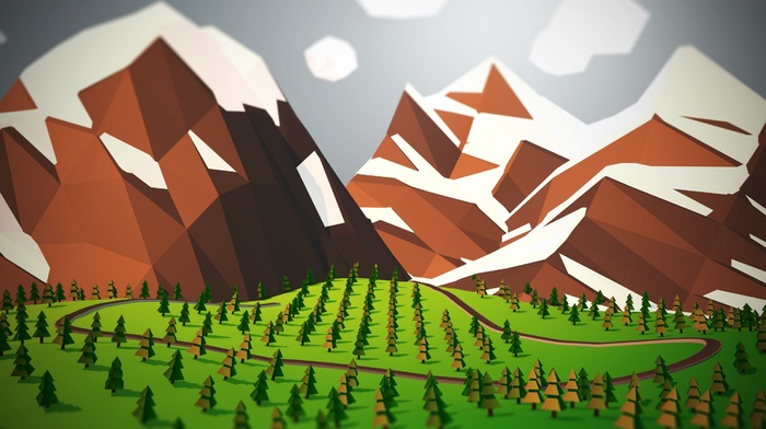 low poly, trees, landscape, mountain