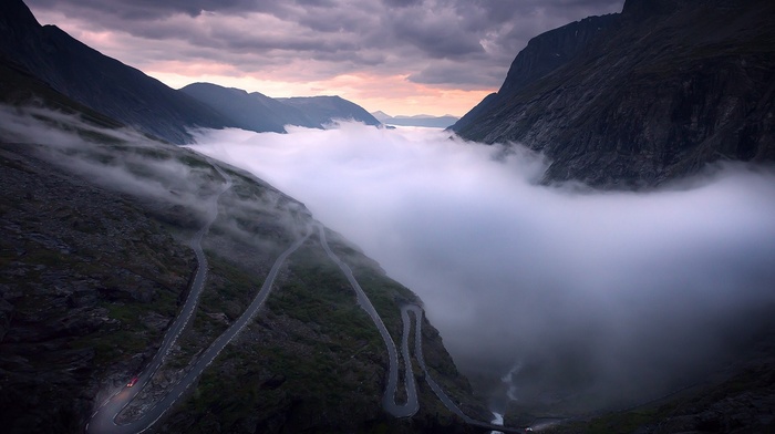 road, river, landscape, nature, mountain, sunrise, Norway, clouds, mist, valley