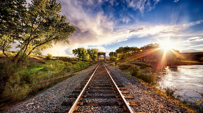 landscape, trees, train, nature, sunset, clouds, HDR, tracks, sun rays, river