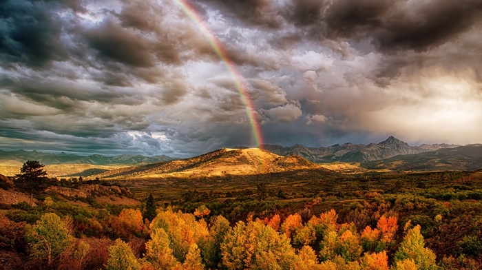 colorful, nature, clouds, fall, rainbows, mountain, landscape, trees