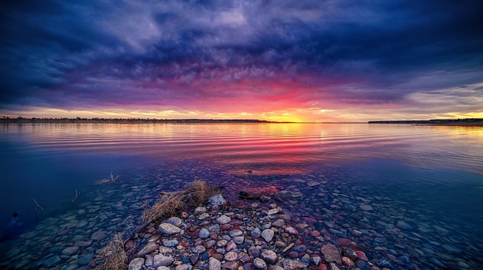 water, pink, nature, landscape, blue, clouds, sunrise, yellow, lake