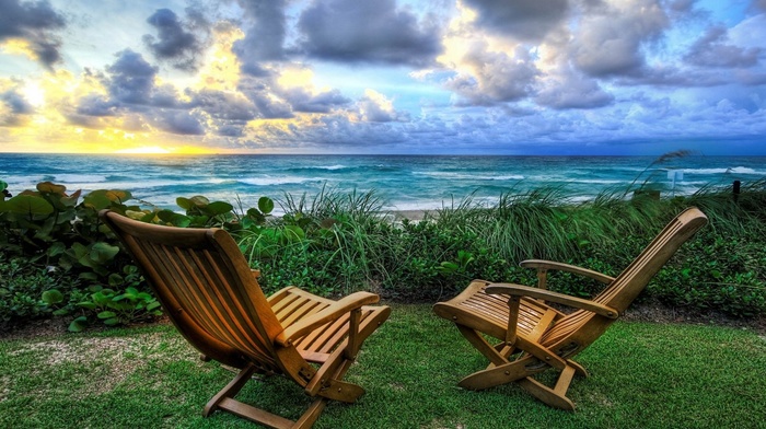 lawns, chair, sunset, sea, beach, clouds, landscape, HDR, plants, summer, garden, nature