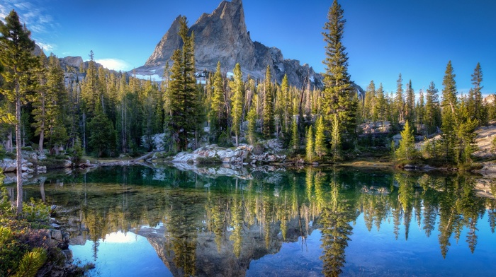 trees, Idaho, lake, mountain, landscape, reflection, nature, sunrise, blue, forest, water, calm, HDR
