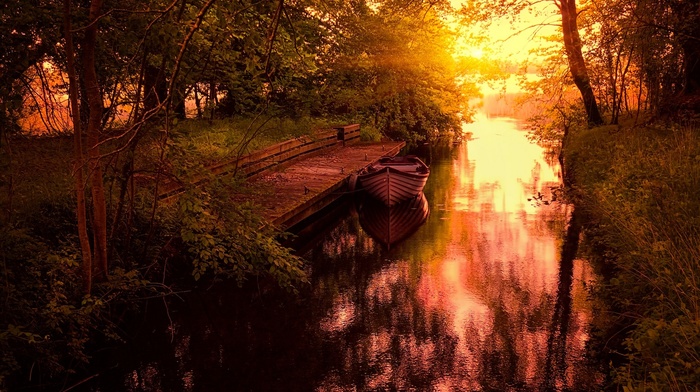 water, canal, grass, shrubs, nature, sunset, landscape, trees, calm, dock, boat, yellow