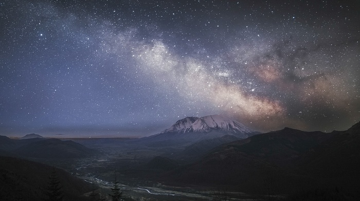 mountain, nature, river, long exposure, starry night, Milky Way, valley, trees, landscape, mist, snowy peak