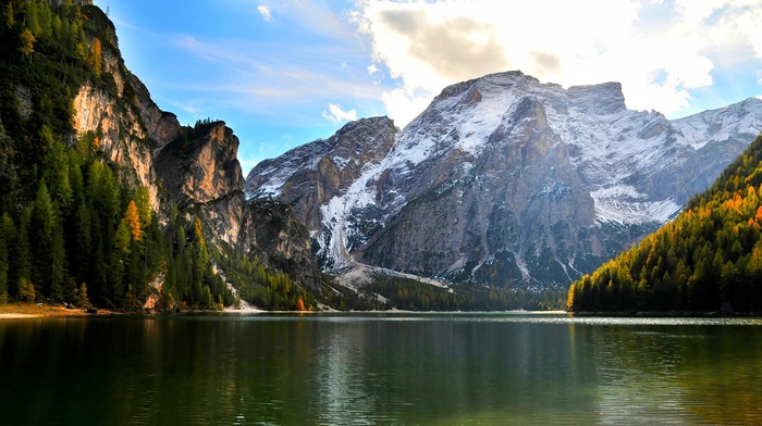 nature, water, lake, landscape, snowy peak, fall, clouds, forest, mountain, morning