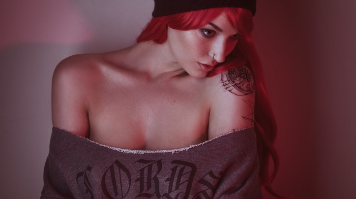 girl, looking away, nose rings, redhead, bare shoulders, tattoo