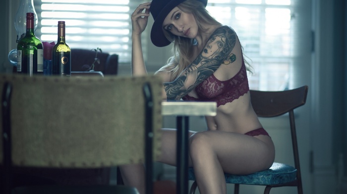 flat belly, girl, chair, sitting, blonde, lingerie, tattoo