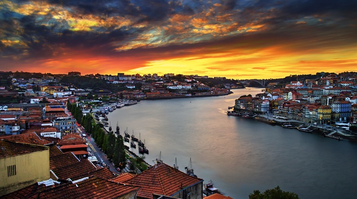 river, bridge, sunset, overcast, house, Porto, boat, landscape, Portugal