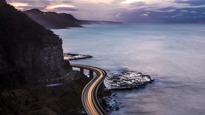 sunset, highway, sea, long exposure, mountain, bridge, motion blur