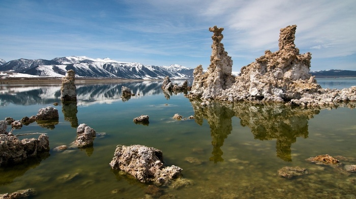 reflection, rock, water, landscape, nature, clouds, lake, snowy peak, mountain