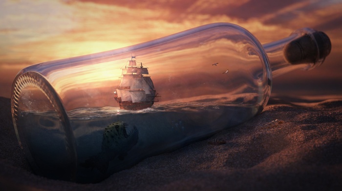 fantasy art, sailing ship, ship, ship in a bottle, bottles, digital art