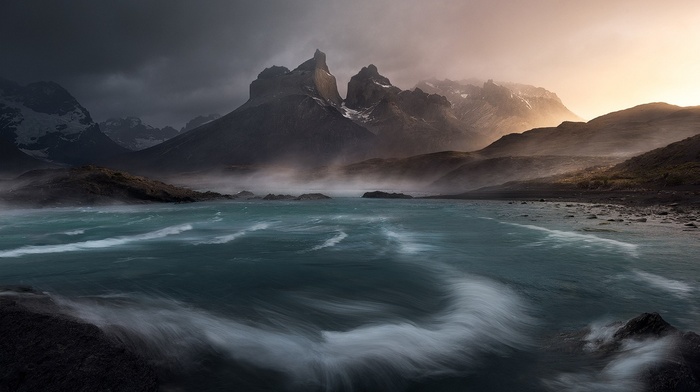 clouds, snowy peak, water, mist, landscape, Chile, nature, wind, mountain, Torres del Paine, lake, sunrise