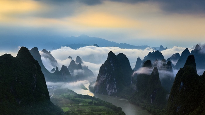 field, mountain, China, sunrise, mist, nature, landscape, river, clouds