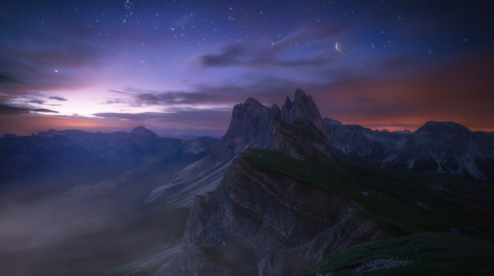 evening, long exposure, nature, summer, valley, Dolomites mountains, clouds, Italy, landscape, mountain, starry night