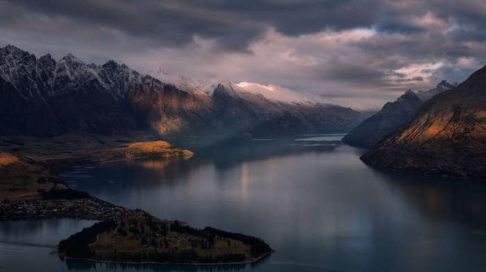 city, lake, nature, Queenstown, snowy peak, water, clouds, mountain, New Zealand, landscape, sun rays