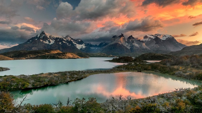 shrubs, clouds, mountain, lake, landscape, Chile, sunrise, water, Torres del Paine, snowy peak, nature