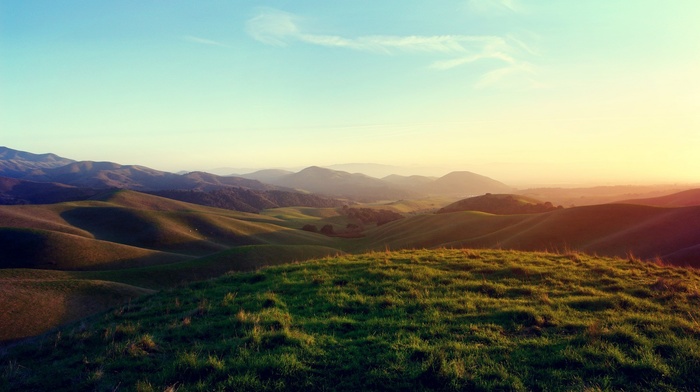 grass, nature, plates, sunset, mountain, landscape, clear sky, bokeh, green