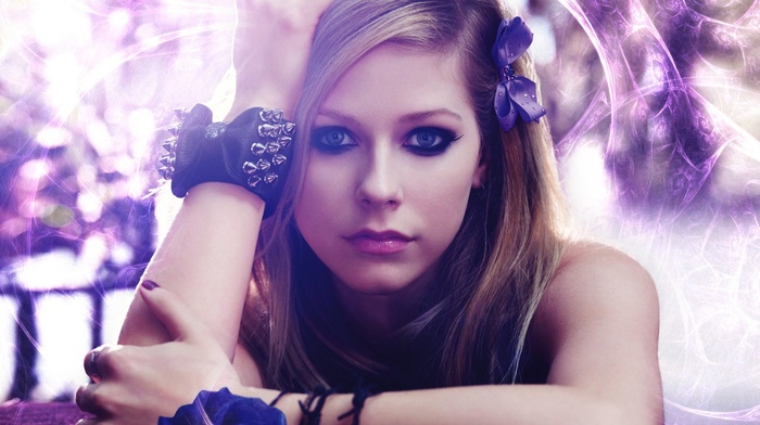 purple dresses, purple eyes, soft shading, model, Avril Lavigne, purple sky, smooth skin, bokeh