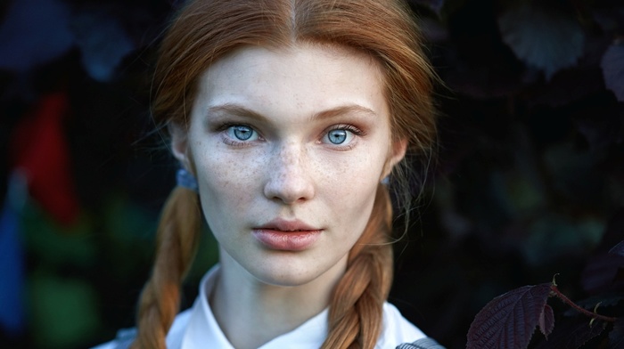 face, blue eyes, freckles, braids, girl, girl outdoors, redhead