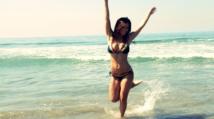 model, pierced navel, armpits, smiling, arms up, Shay Maria, piercing, bikini, brunette, beach, girl
