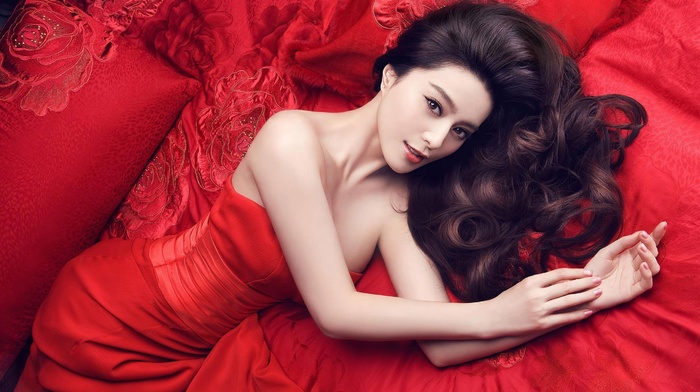 dress, Fan Bingbing, girl, lying down, long hair, in bed, Asian, red dress, brunette