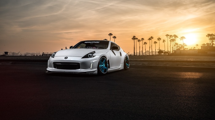 370Z, car, palm trees, sunlight, tuning, Nissan, stance