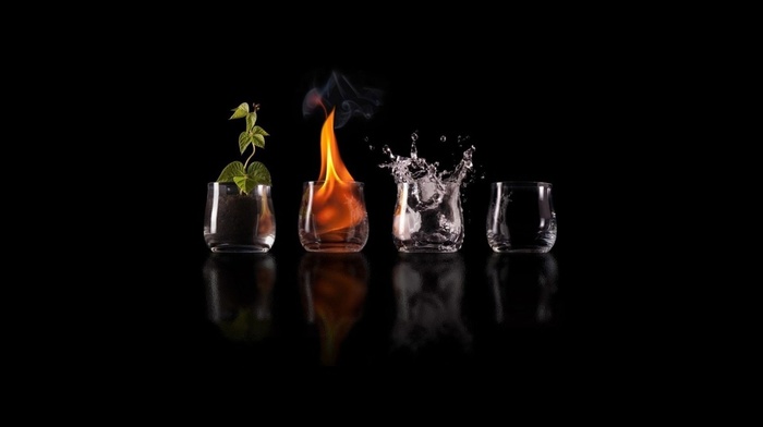 water, drinking glass, elements, black, nature, plants, four elements, fire, science fiction