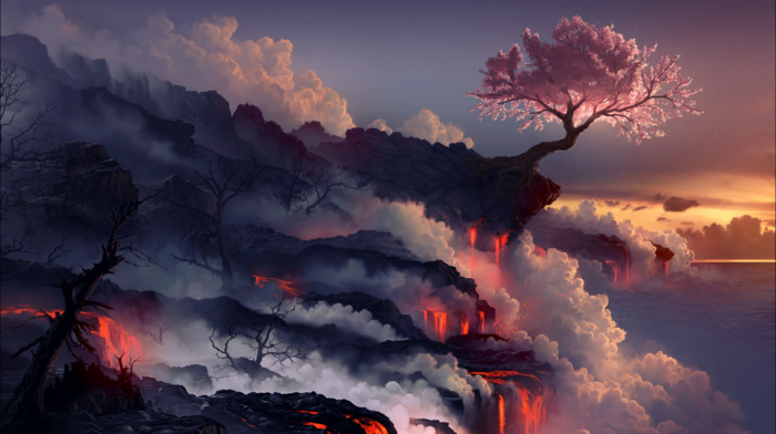 trees, clouds, sunset, fantasy art, lava, rock