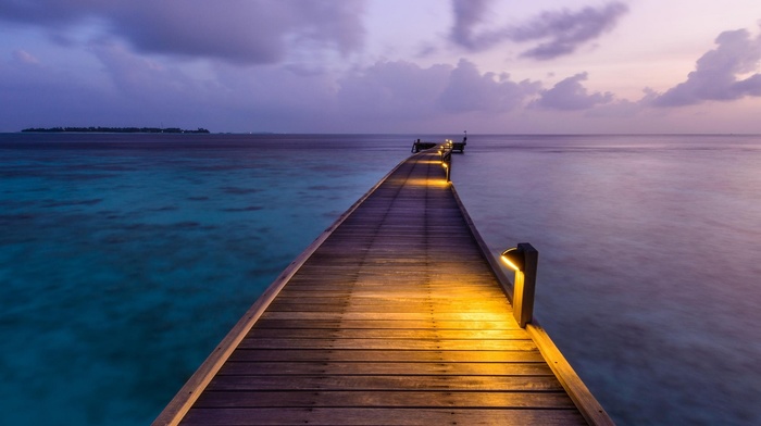 Maldives, clouds, sea, sunset, dock, nature, landscape, tropical, lights, pier, calm, island, walkway