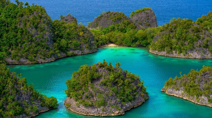 beach, blue, sea, green, tropical, landscape, trees, island, nature, turquoise, hill